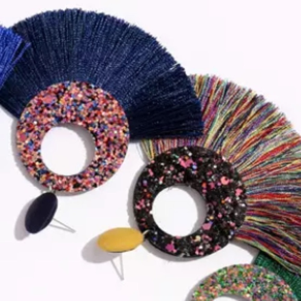Navy Tassel Fringe Earrings Multicolor Glitter Circle Statement Boho - Picture 5 of 8